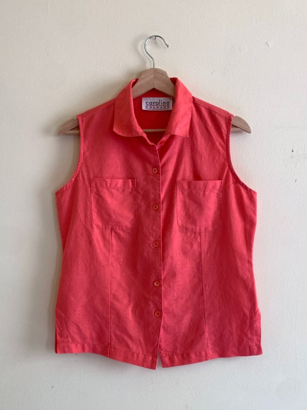 Vintage 1990s Pink Linen Cotton Sleeveless Shirt Button Up Summer Top S/M